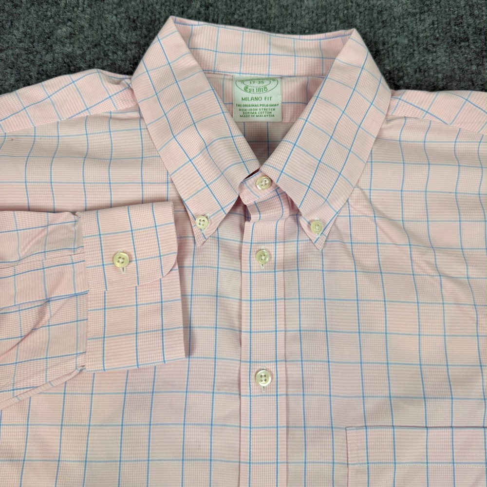 Brooks Brothers Milano Fit Non-Iron Pink Plaid Dress Shirt Mens 17 35 Cotton EUC